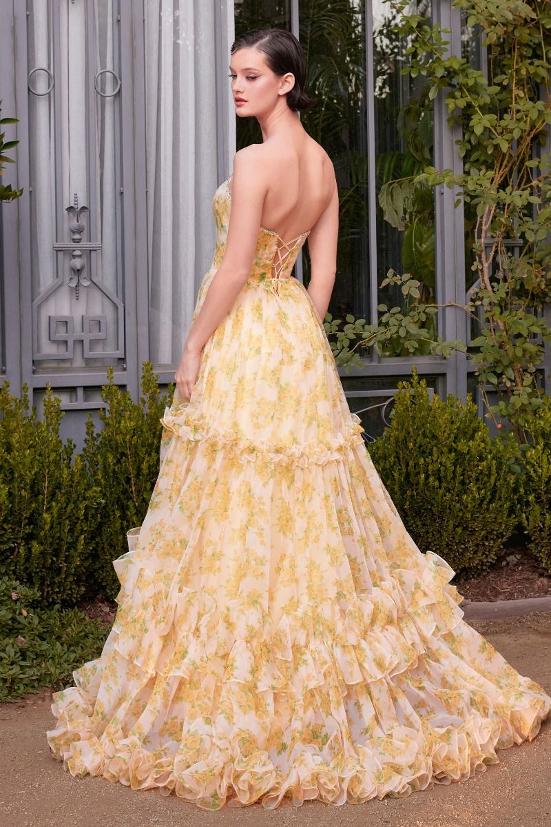 A1430 - STRAPLESS FLORAL PRINTED BALL GOWN