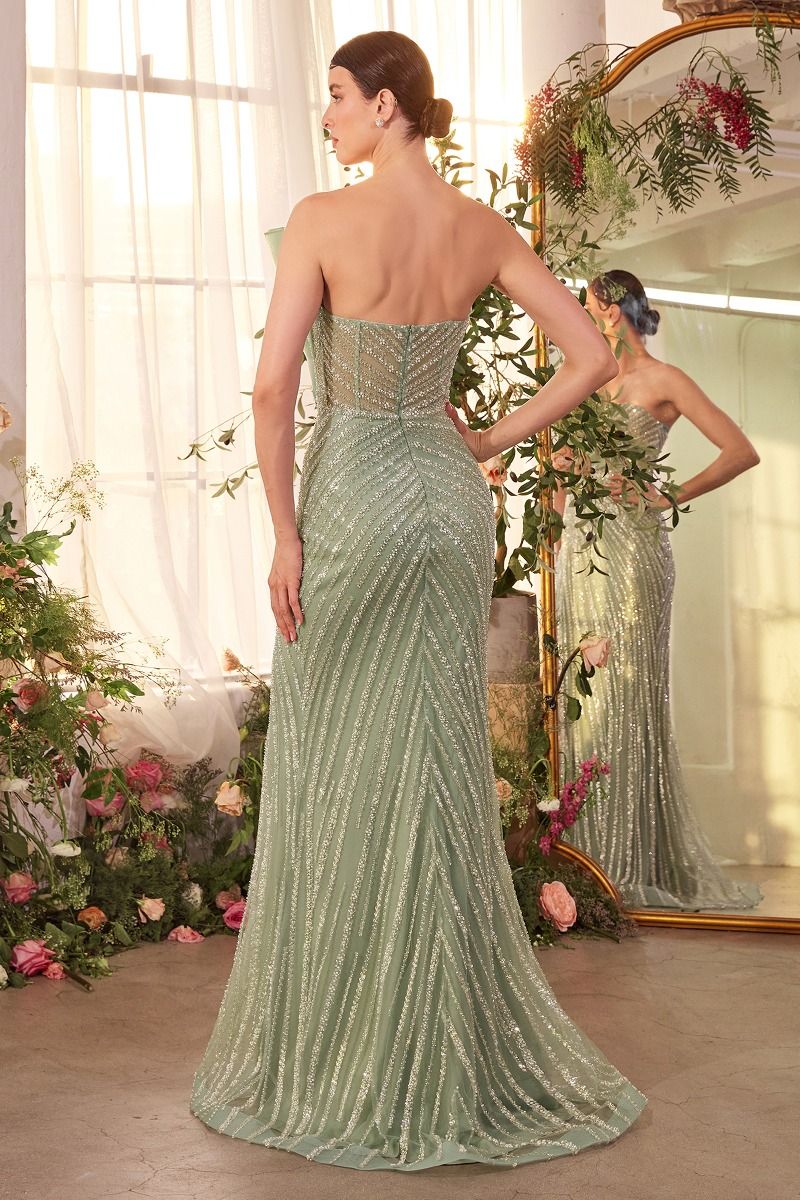 A1436 - PLEATED FAN BODICE FITTED PEARL GOWN