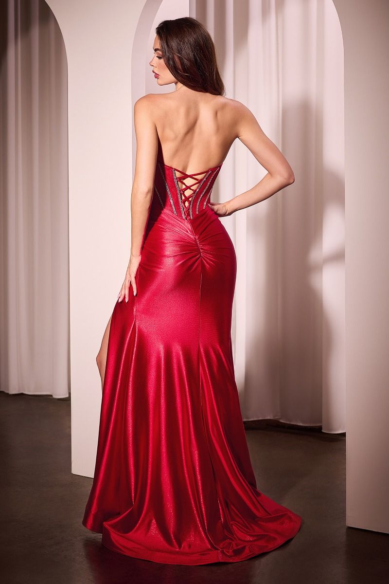 CM368 - STRAPLESS LACE BODICE SATIN FITTED GOWN