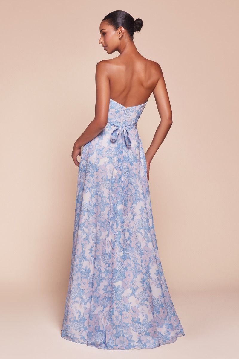 7443 - STRAPLESS A-LINE FLORAL SATIN DRESS