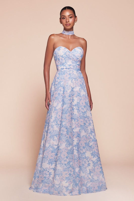 7443 - STRAPLESS A-LINE FLORAL SATIN DRESS