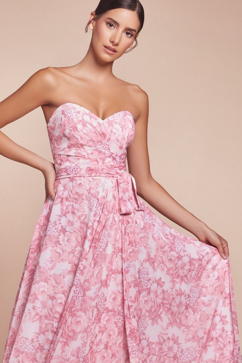 7443 - STRAPLESS A-LINE FLORAL SATIN DRESS