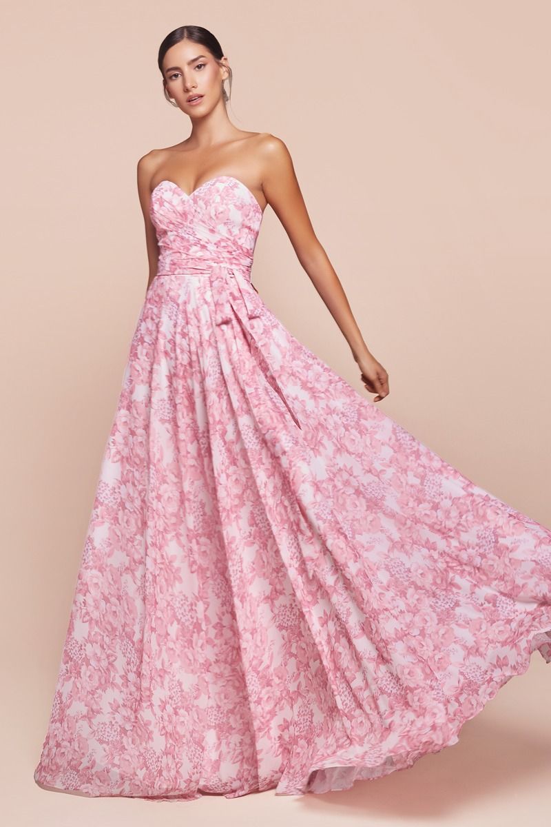 7443 - STRAPLESS A-LINE FLORAL SATIN DRESS