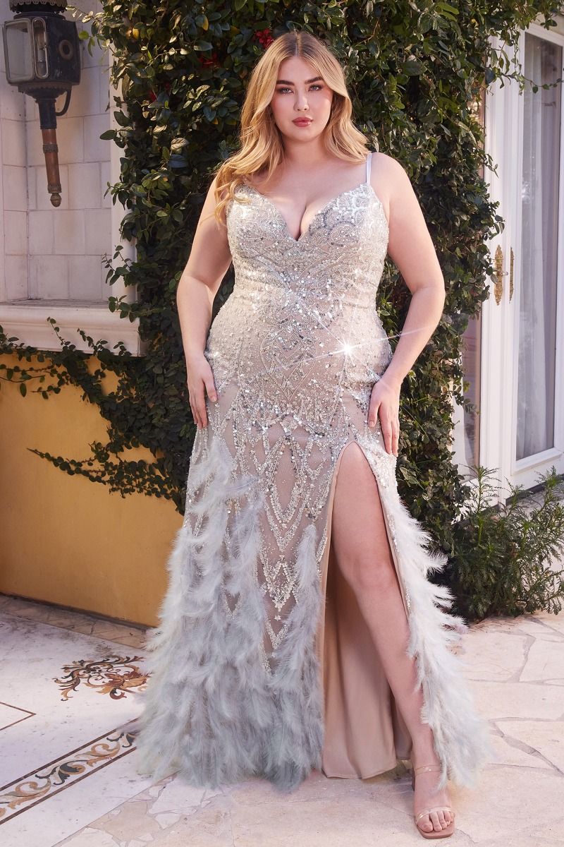 A1229C - BEADED MERMAID GOWN WITH FEATHER DETAILS
