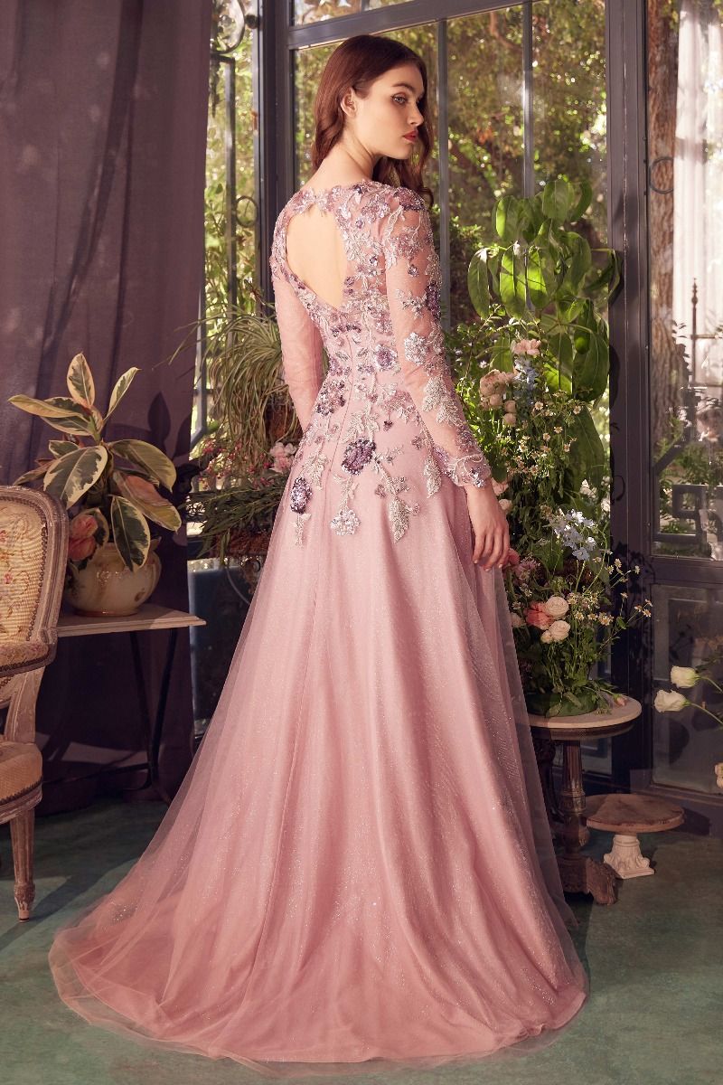 A1356 - MAUVE LONG SLEEVE SEQUIN EMBELLISHED A-LINE DRESS