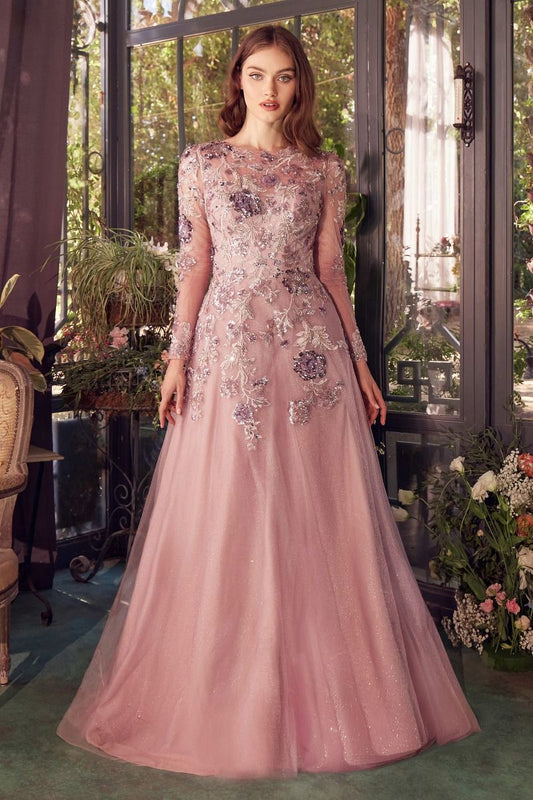 A1356 - MAUVE LONG SLEEVE SEQUIN EMBELLISHED A-LINE DRESS