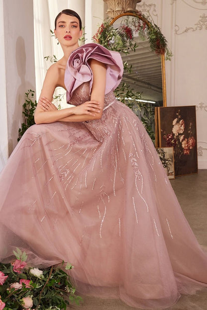 A1373 - ONE SHOULDER ROSETTE MAUVE BALL GOWN