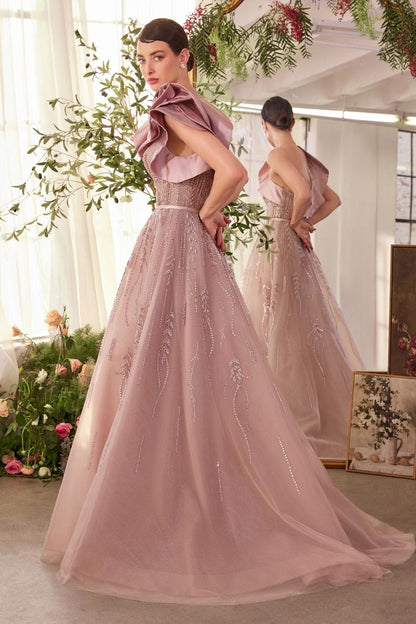 A1373 - ONE SHOULDER ROSETTE MAUVE BALL GOWN
