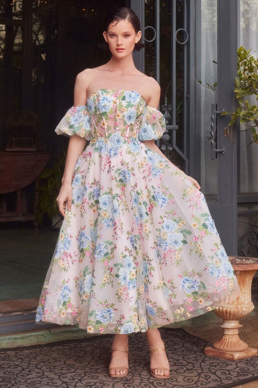 A1406 - FLORAL PRINT STRAPLESS TEA LENGTH A-LINE DRESS