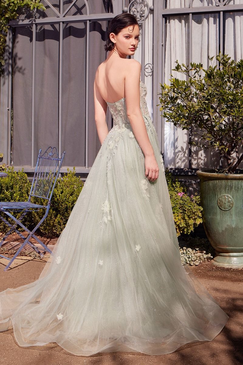 A1418 - SAGE GREEN STRAPLESS BALL GOWN