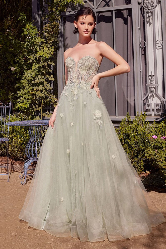A1418 - SAGE GREEN STRAPLESS BALL GOWN