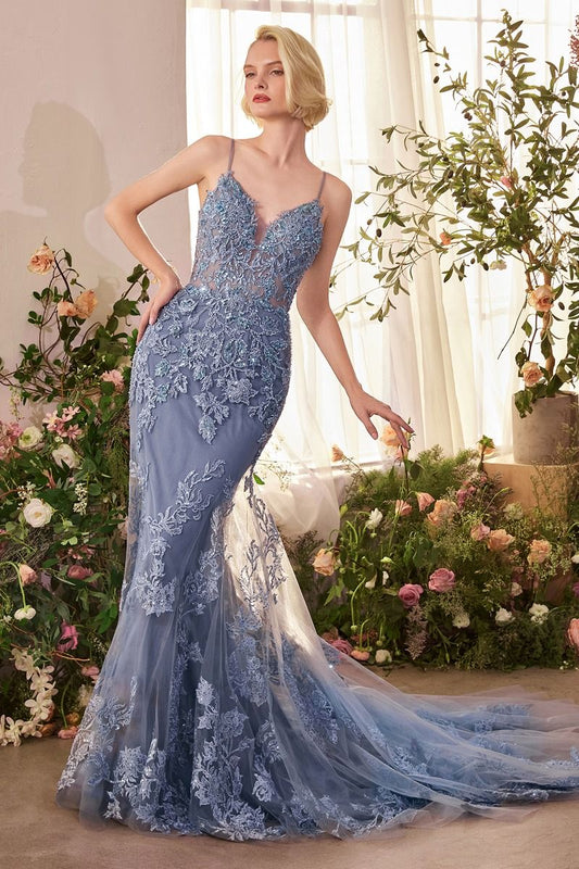 A1421 - FOLIAGE BEADED LACE MERMAID GOWN
