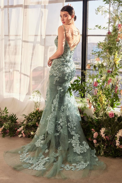 A1421 - FOLIAGE BEADED LACE MERMAID GOWN