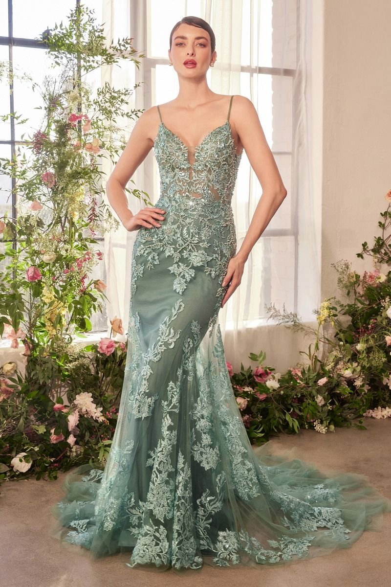 A1421 - FOLIAGE BEADED LACE MERMAID GOWN