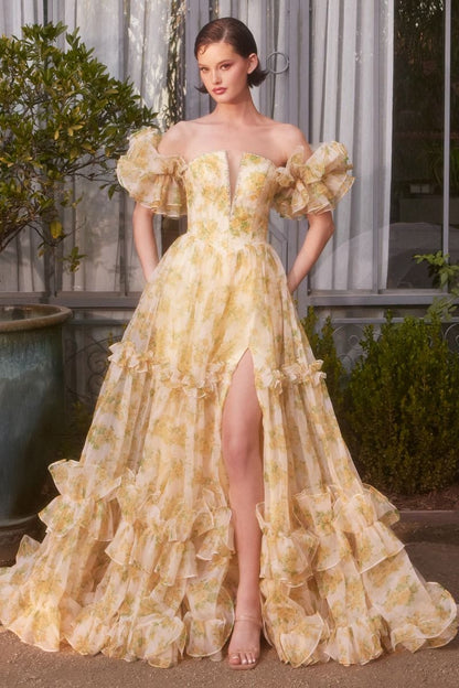 A1430 - STRAPLESS FLORAL PRINTED BALL GOWN