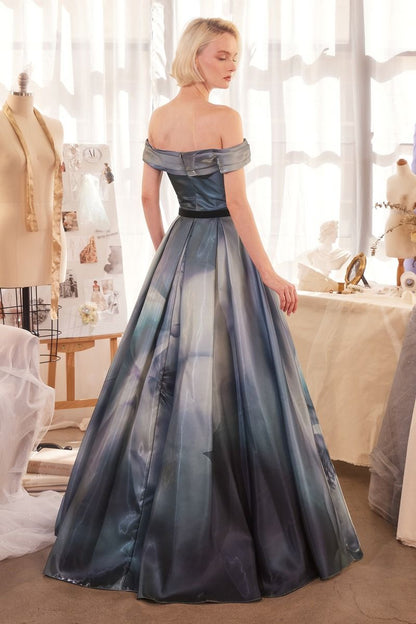 A1431 - PRINT OFF THE SHOULDER SATIN BALL GOWN