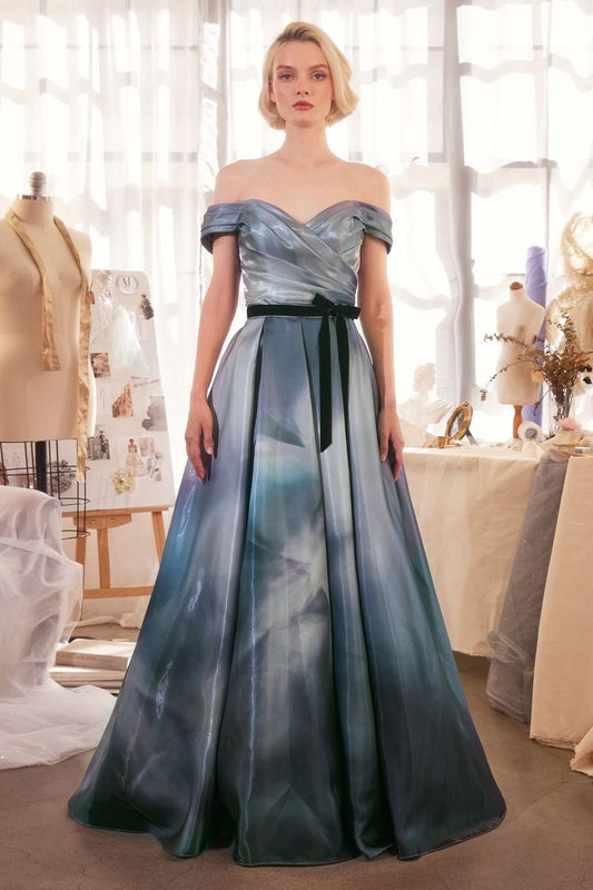 A1431 - PRINT OFF THE SHOULDER SATIN BALL GOWN