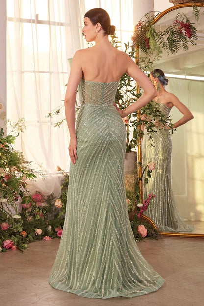 A1436  -  PLEATED FAN BODICE FITTED PEARL GOWN