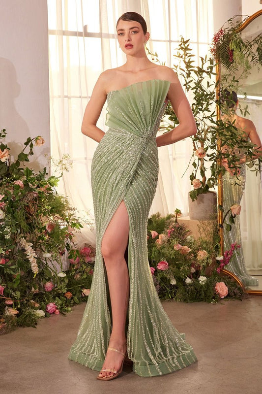A1436  -  PLEATED FAN BODICE FITTED PEARL GOWN