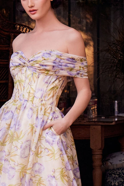 A1466 - FLORAL PRINTED OFF THE SHOULDER A-LINE DRESS