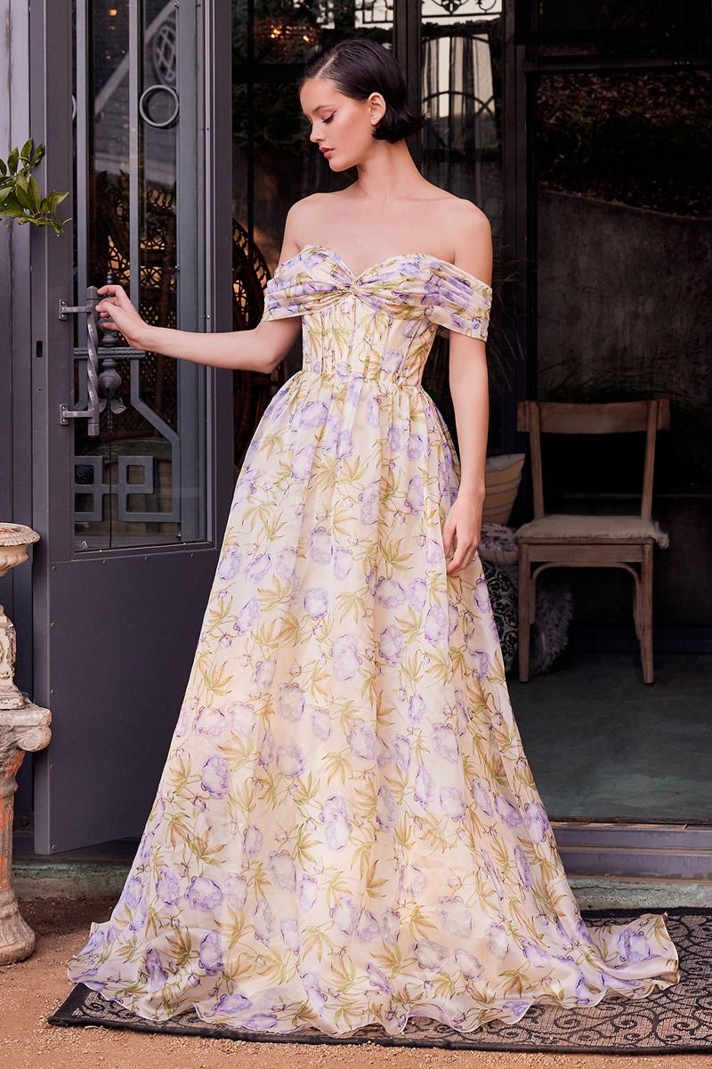 A1466 - FLORAL PRINTED OFF THE SHOULDER A-LINE DRESS