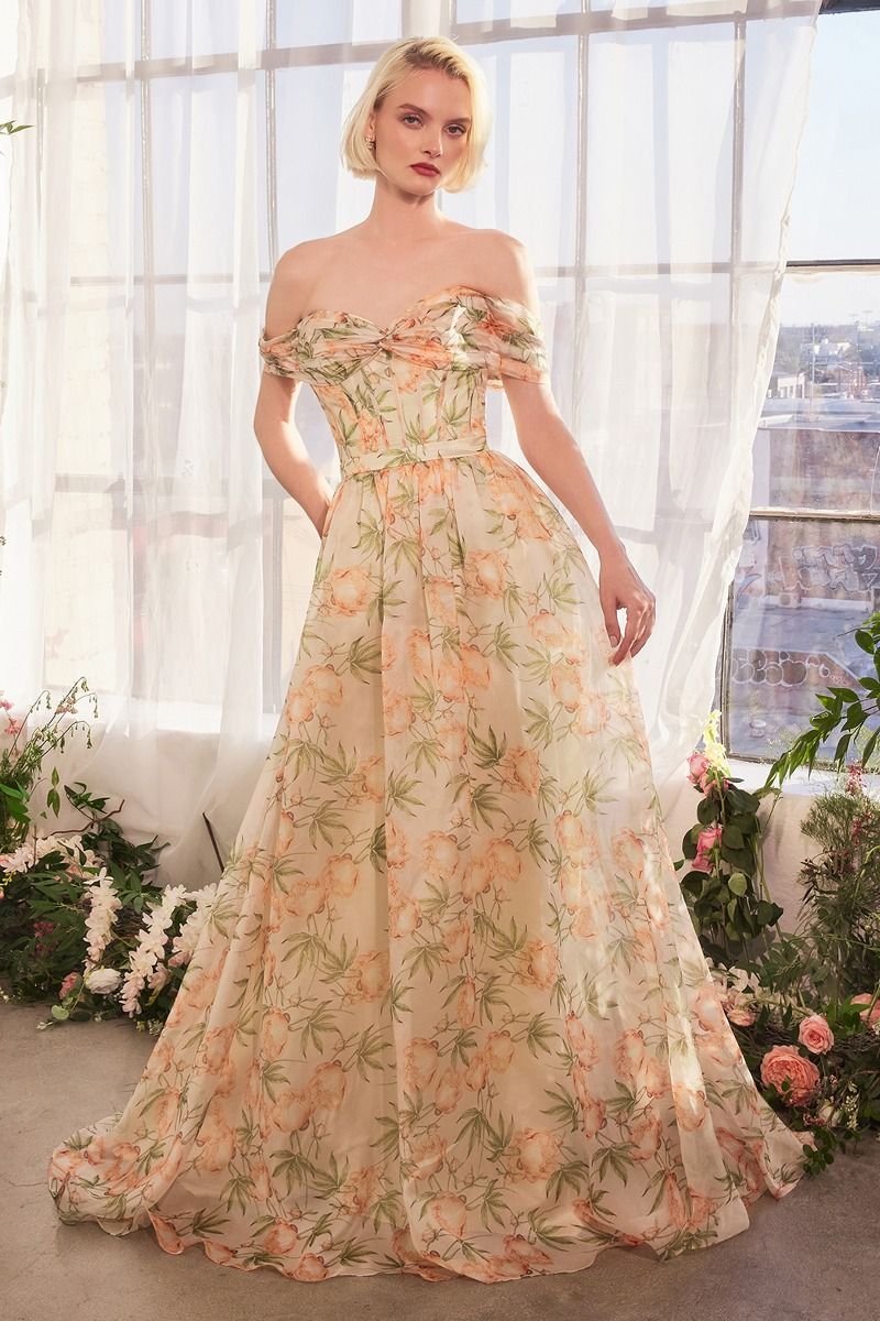 A1466 - FLORAL PRINTED OFF THE SHOULDER A-LINE DRESS