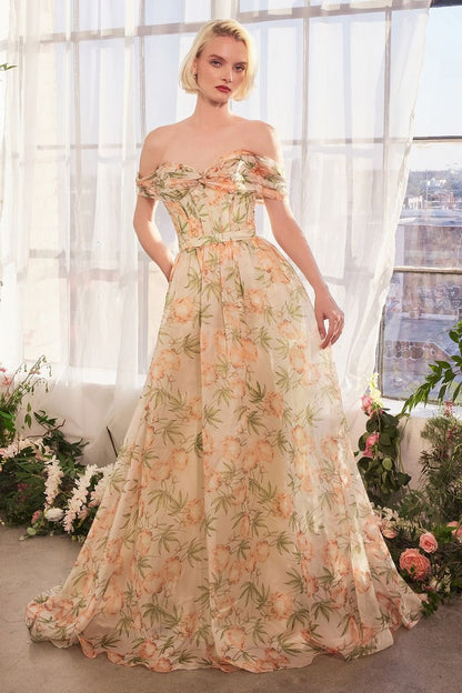 A1466 - FLORAL PRINTED OFF THE SHOULDER A-LINE DRESS