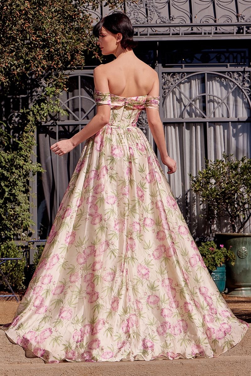 A1466 - FLORAL PRINTED OFF THE SHOULDER A-LINE DRESS