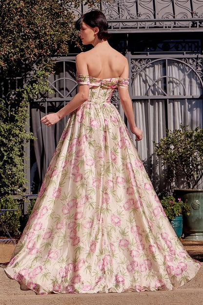 A1466 - FLORAL PRINTED OFF THE SHOULDER A-LINE DRESS