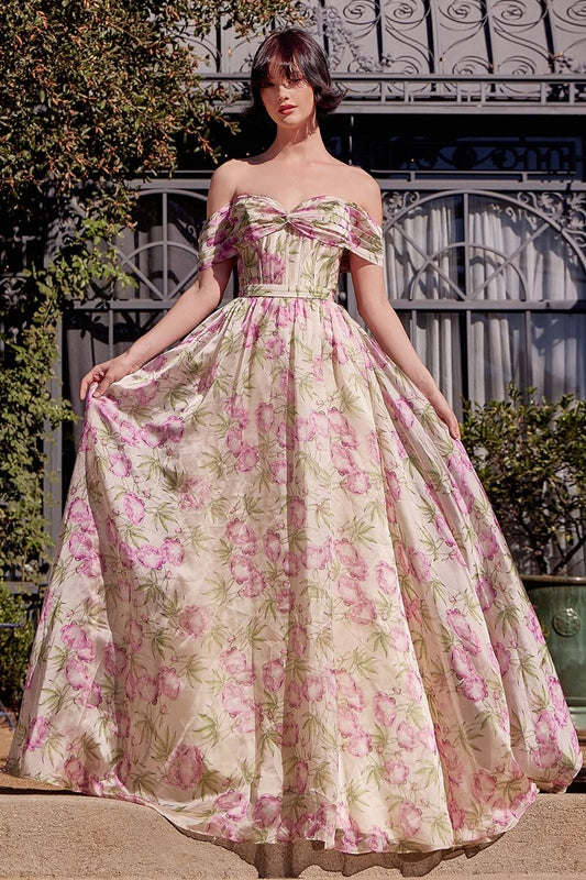 A1466 - FLORAL PRINTED OFF THE SHOULDER A-LINE DRESS